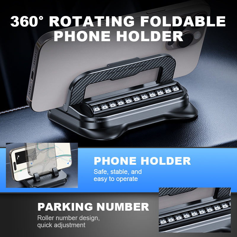 Arenzza 360° rotating foldable phone holder with anti-slip base, suitable for desk, car, and travel use, shown on a surface.