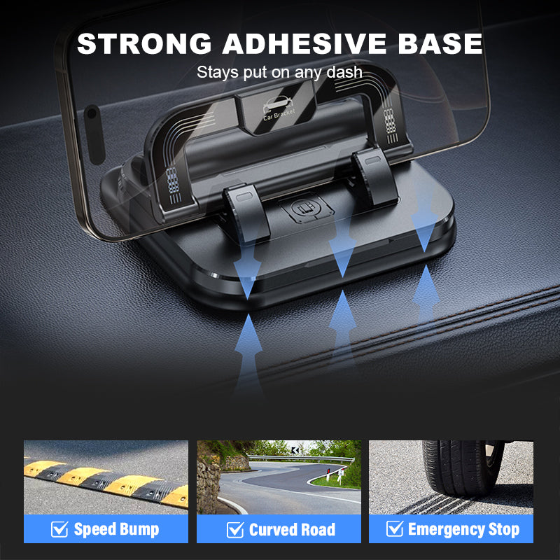 Arenzza 360° rotating foldable phone holder with anti-slip base, suitable for desk, car, and travel use, showing its adjustable design.