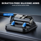 Arenzza 360° rotating foldable phone holder with anti-slip base, shown on a desk, suitable for car, desk, and travel use.