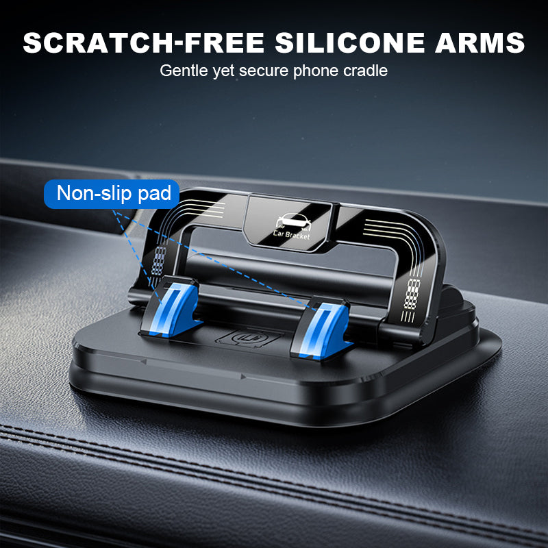 Arenzza 360° rotating foldable phone holder with anti-slip base, shown on a desk, suitable for car, desk, and travel use.
