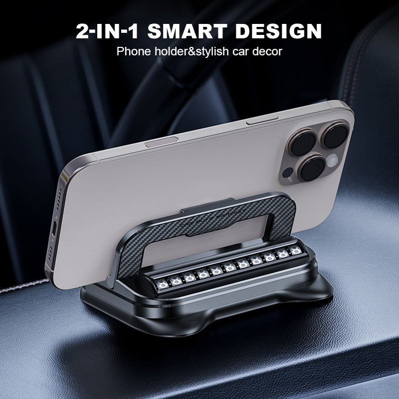 Arenzza 360° rotating foldable phone holder with anti-slip base, suitable for desk, car, and travel use, holding a smartphone securely.