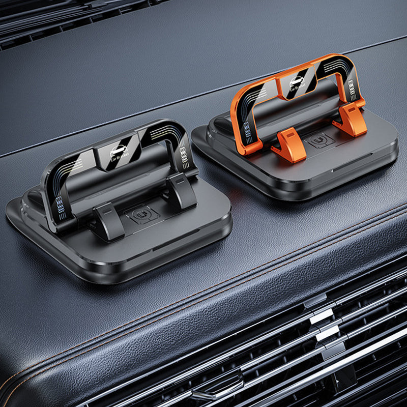 Arenzza 360° rotating foldable phone holder with anti-slip base, suitable for desk, car, and travel use, holding a smartphone securely.