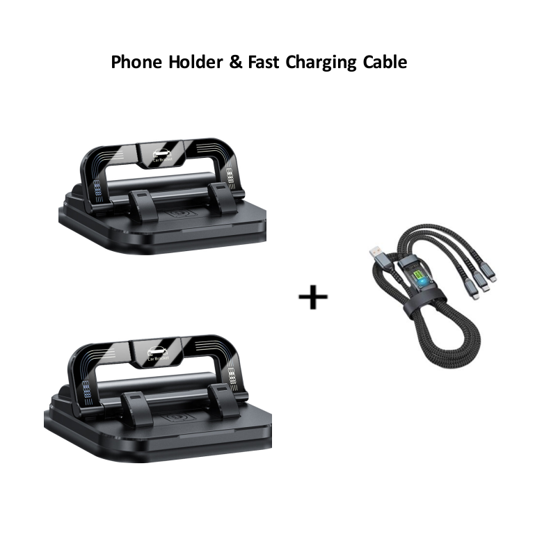 Arenzza 360° rotating foldable phone holder for car and desk, with anti-slip base, universal compatibility, and adjustable grip.