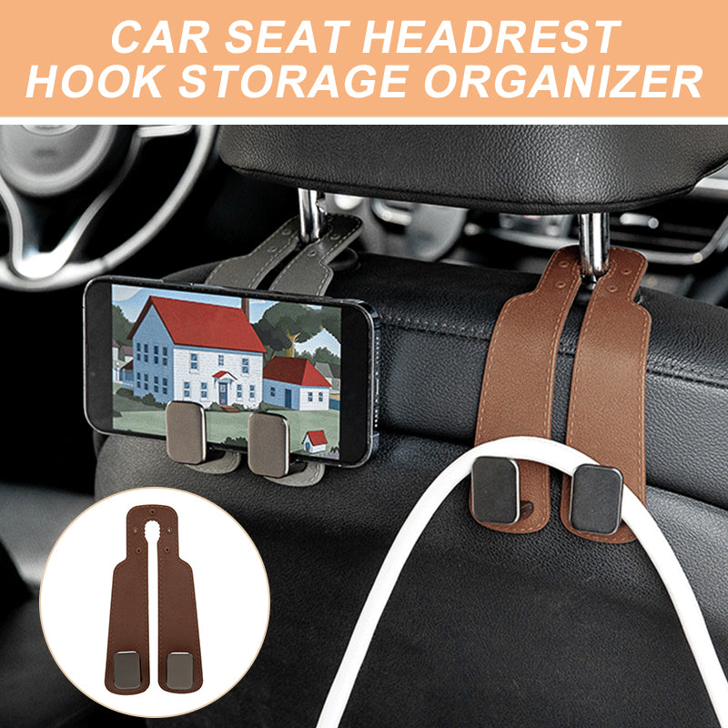 Arenzza durable car seat headrest hook storage organizer attached to a car headrest for convenient item hanging.
