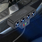 Arenzza 7-in-1 cigarette lighter adapter for cars, featuring multiple USB ports and charging options, shown plugged into a vehicle power outlet.