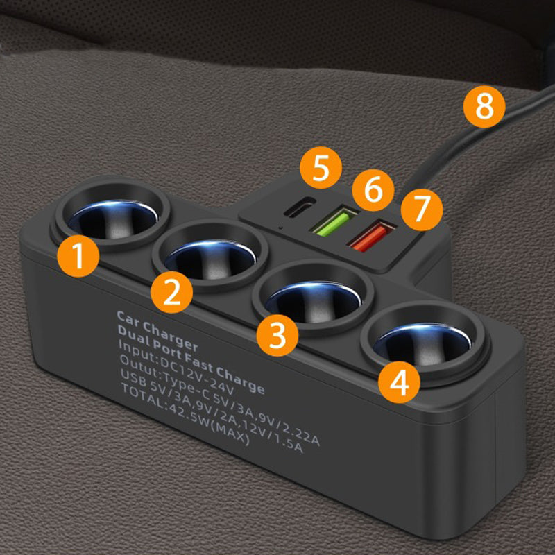 Arenzza 7-in-1 cigarette lighter car adapter with multiple charging ports and USB slots, designed for vehicle convenience.
