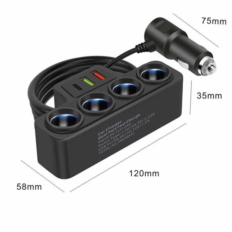 Arenzza 7-in-1 cigarette lighter adapter for cars, featuring multiple USB ports and charging options for vehicle accessories.