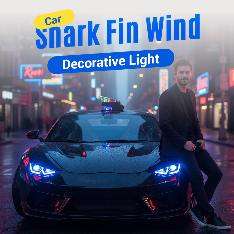 Arenzza car shark fin wind decorative light mounted on vehicle roof, showcasing sleek design and shark fin shape as car accessory.