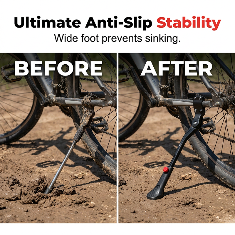 Aarenza universal adjustable aluminum bicycle side stand attached to a bike, showcasing lightweight and sturdy design for easy parking.
