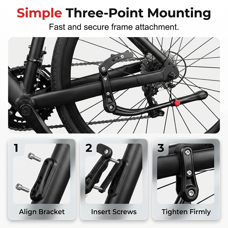 Arenzza universal adjustable aluminum alloy bicycle side stand mounted on a bike, showcasing its lightweight and sturdy design.
