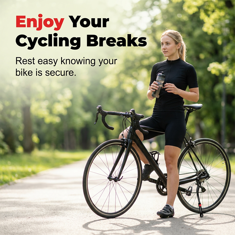 Arenzza universal adjustable aluminum bicycle side stand mounted on a bike, showcasing lightweight and sturdy design for easy parking.