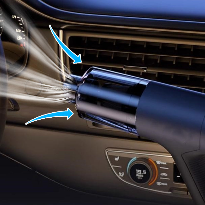 Arenzza cordless portable car vacuum cleaner with compact design, black body, and ergonomic handle for easy cleaning inside a vehicle.