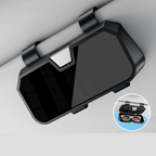 Arenzza car sunglasses storage box shown inside a vehicle, compact black car accessory with compartments for sunglasses.