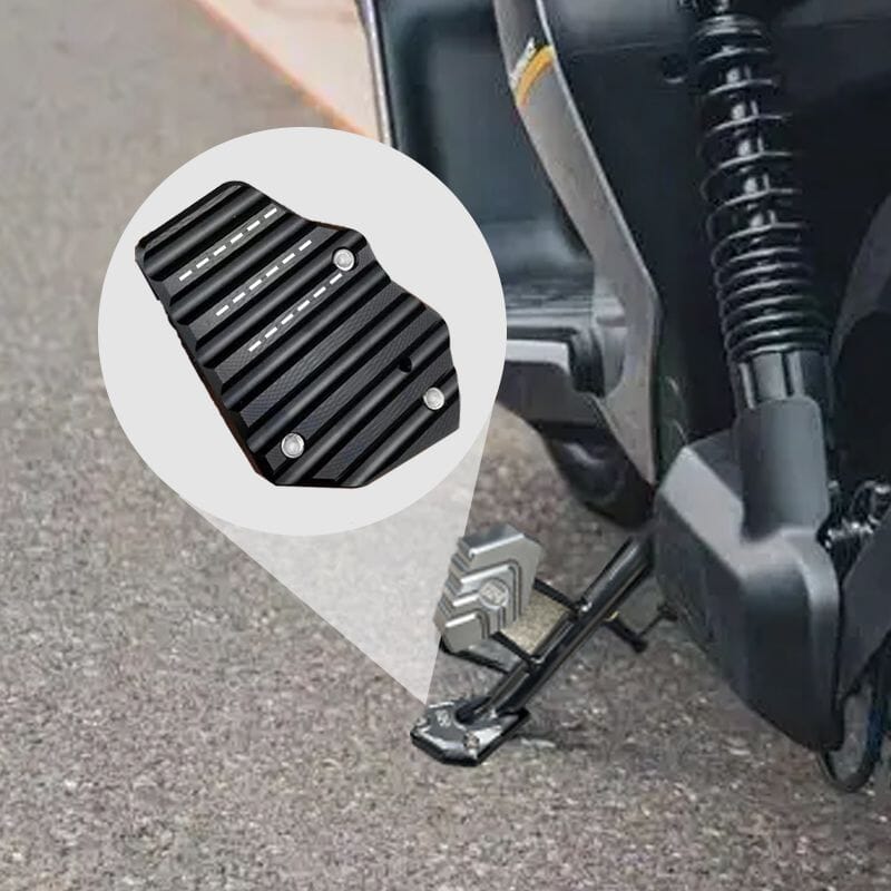 Arenzza motorcycle kickstand foot extension pad, side stand support pad for enhanced stability on various surfaces.