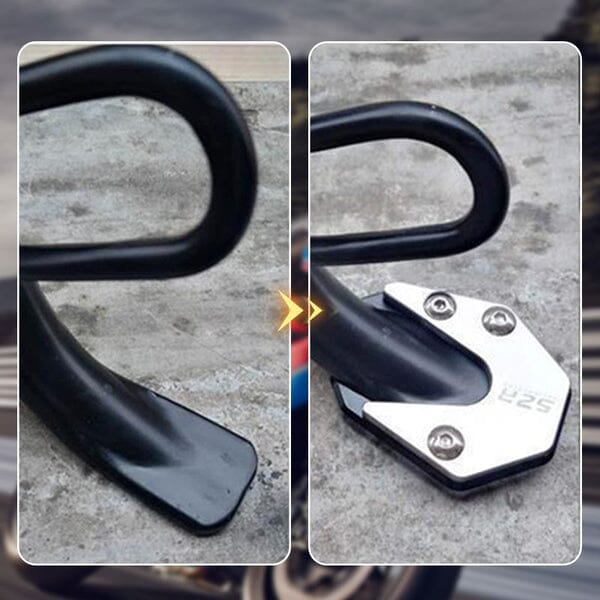Arenzza motorcycle kickstand foot extension pad for side stand, designed to provide stability on uneven surfaces.