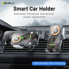 Arenzza 2-in-1 car phone holder and wireless charger attached to a car dashboard, holding a smartphone with rotating and charging features.