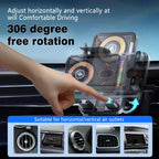 Arenzza 2-in-1 car phone holder and wireless charger mounted on a vehicle dashboard, holding a smartphone securely.