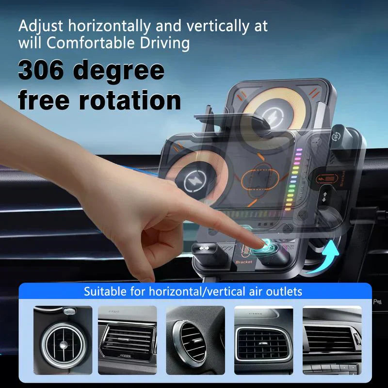 Arenzza 2-in-1 car phone holder and wireless charger mounted on a vehicle dashboard, holding a smartphone securely.