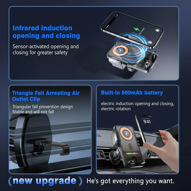 Arenzza 2-in-1 car phone holder and wireless charger mounted on a vehicle dashboard, showcasing rotating mobile device holder functionality.