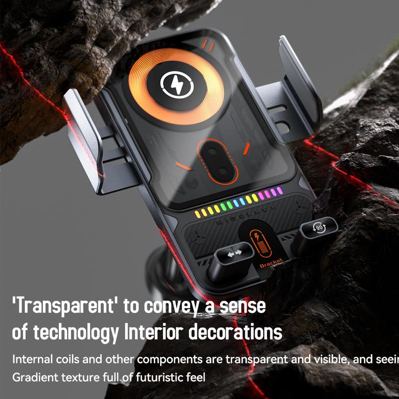 Arenzza 2-in-1 car phone holder and wireless charger mounted on a vehicle dashboard, holding a smartphone securely.