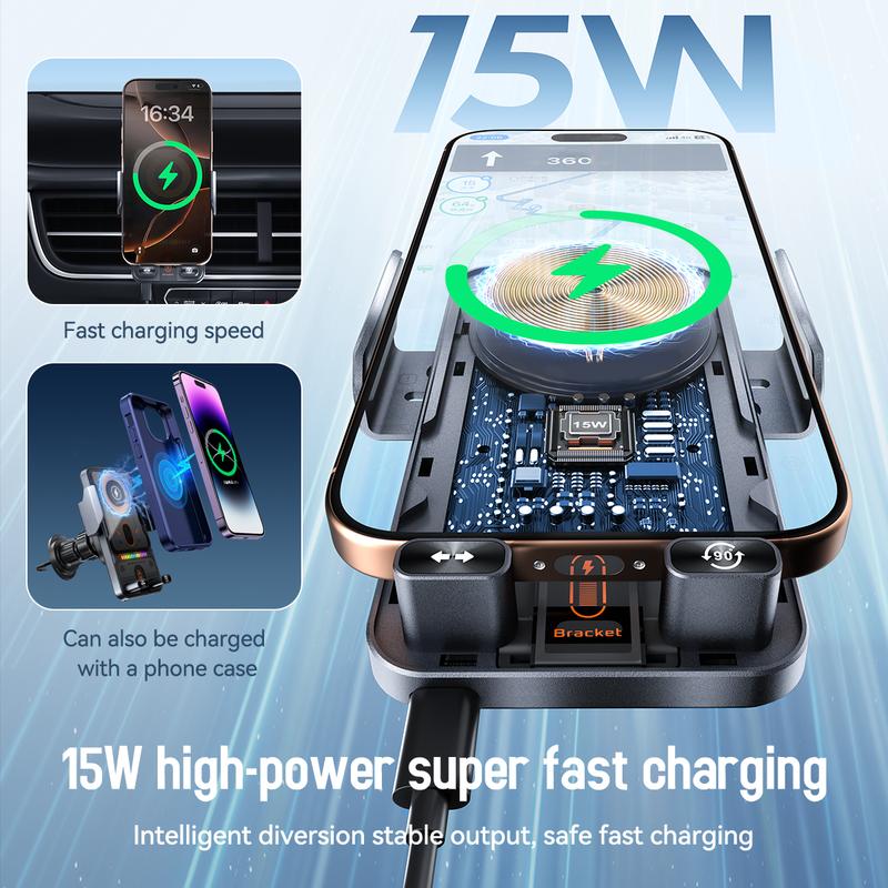 Arenzza 2-in-1 car phone holder and wireless charger mounted on dashboard, showcasing rotating design and smartphone placement.