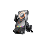 Arenzza 2-in-1 car mobile phone holder and wireless charger mounted on a vehicle dashboard, holding a smartphone securely.