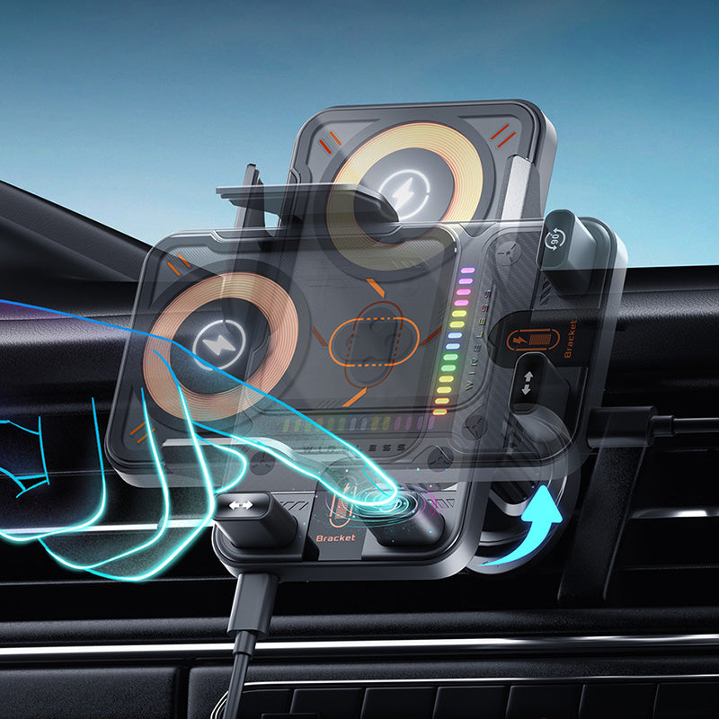 Arenzza 2-in-1 car mobile phone holder and wireless charger mounted on a car dashboard with a smartphone inserted.