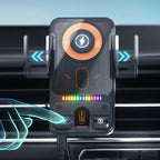 Arenzza 2-in-1 car mobile phone holder and wireless charger mounted on a vehicle dashboard, showcasing its rotating design.