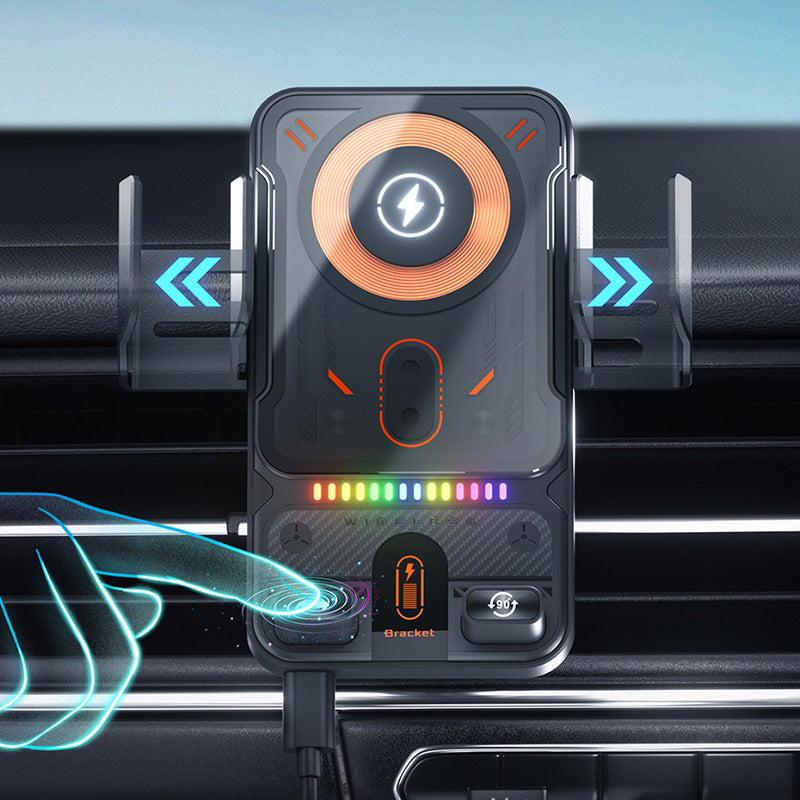 Arenzza 2-in-1 car mobile phone holder and wireless charger mounted on a vehicle dashboard, showcasing its rotating design.
