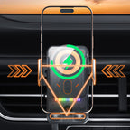 Arenzza 2-in-1 car phone holder and wireless charger mounted on a vehicle dashboard, supporting rotating mobile device.