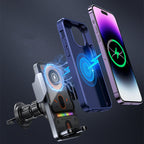 Arenzza 2-in-1 car phone holder and wireless charger mounted on a car dashboard, holding a smartphone in a rotating design.