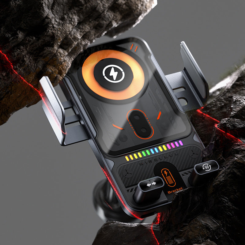 Arenzza 2-in-1 car phone holder and wireless charger, mounted on a vehicle dashboard with a phone securely in place.