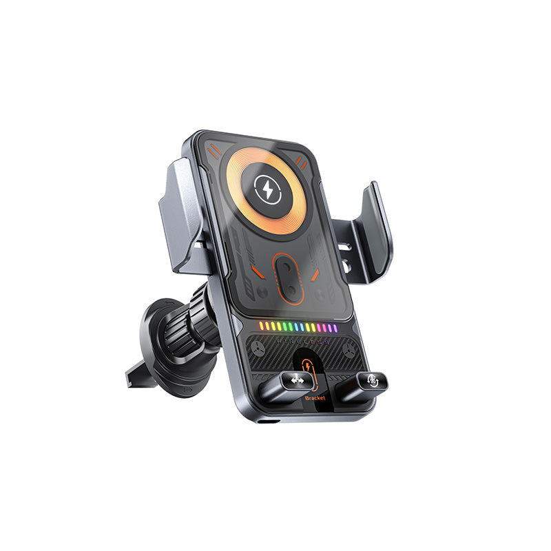Arenzza 2-in-1 car phone holder and wireless charger mounted on a dashboard, showcasing rotating mobile device in a sleek design.
