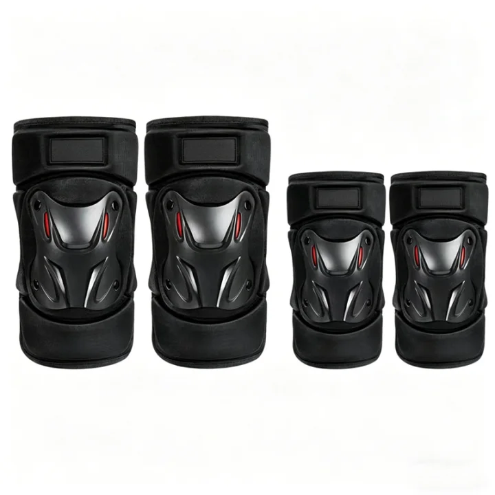 Arenzza motorcycle knee and elbow protectors set with padded armor, black and red design, designed for safety gear and riding protection.