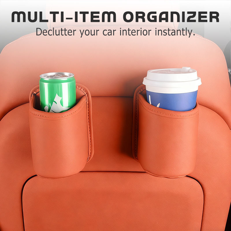 Arenzza universal leather car door cup holder installed in a vehicle door, designed to securely hold drinks and small items.