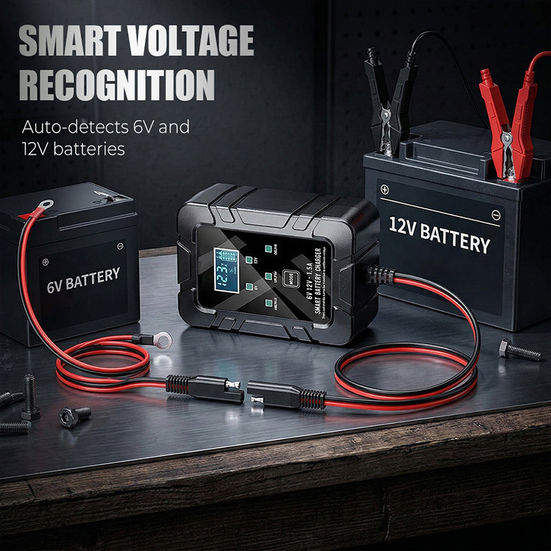 Arenzza 1.5A 6V/12V automatic car battery charger with safety features, designed for fast and reliable vehicle battery charging.