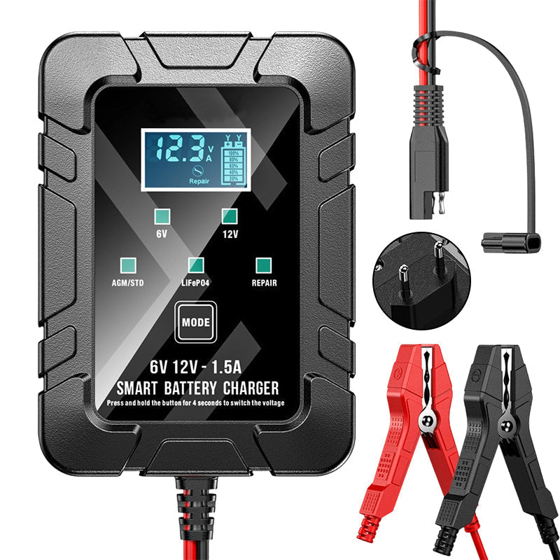 Arenzza 1.5A 6V/12V automatic car battery charger with safety features, compact design, and LED indicators for reliable charging.