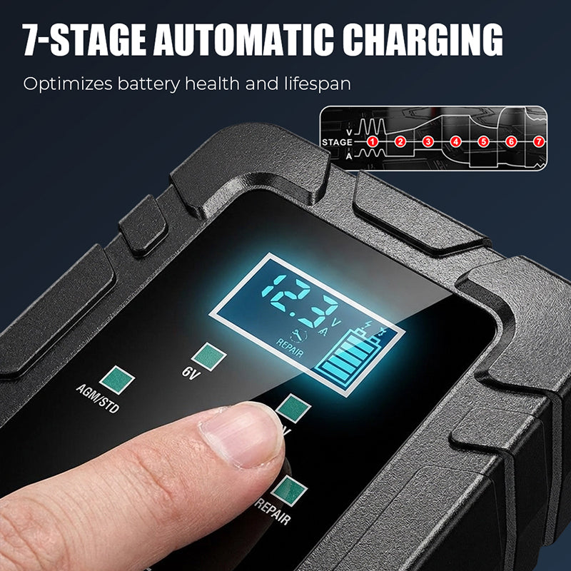 Arenzza 1.5A 6V/12V automatic car battery charger connected to a vehicle, showcasing fast and reliable charging features.