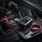 Arenzza 1.5A 6V/12V automatic car battery charger with safety features, shown connected to a vehicle battery.
