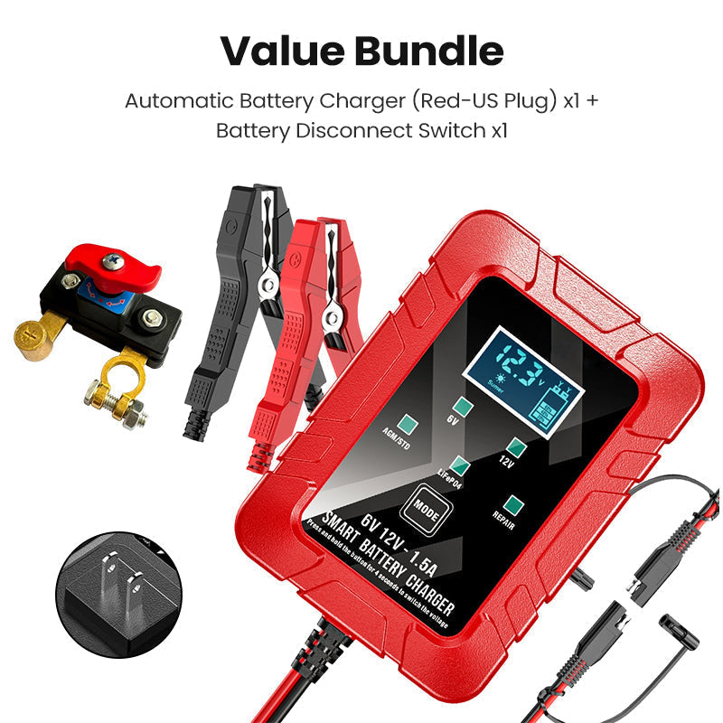 Arenzza 1.5A 6V/12V automatic car battery charger with safety features and compact design, suitable for fast vehicle battery charging.