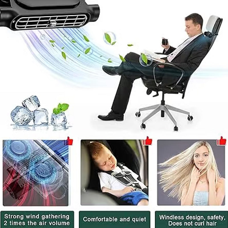 Arenzza USB car headrest cooling fan with three-speed controls mounted on a car headrest for enhanced comfort.