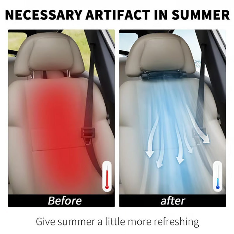 Arenzza USB car headrest cooling fan with three adjustable speeds mounted on a car headrest for enhanced comfort.
