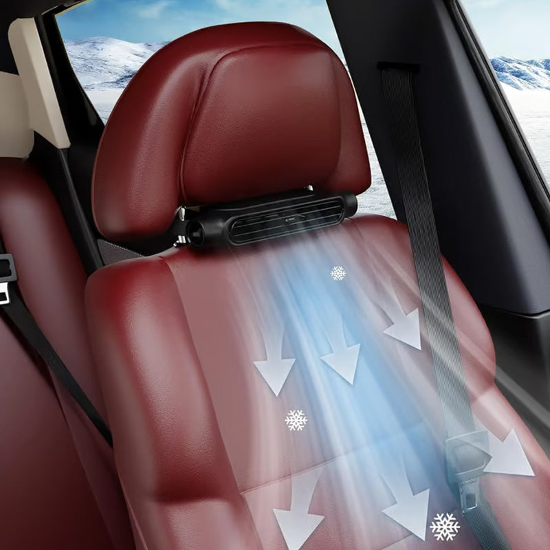 Arenzza USB car headrest cooling fan with three speed settings, mounted on car headrest for personal cooling.