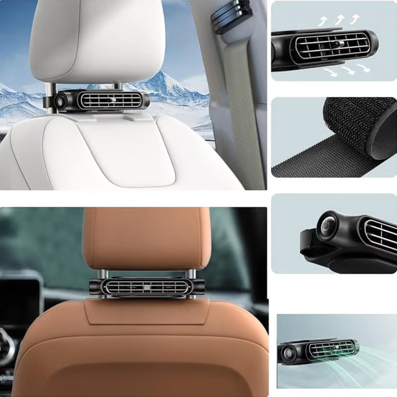 Arenzza USB car headrest cooling fan with three speed settings mounted on a car headrest for improved passenger comfort.