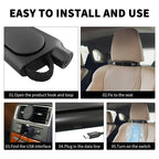 Arenzza USB car headrest cooling fan with three adjustable speed settings attached to a car headrest interior.