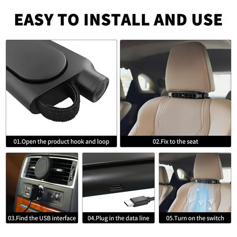 Arenzza USB car headrest cooling fan with three adjustable speed settings attached to a car headrest interior.