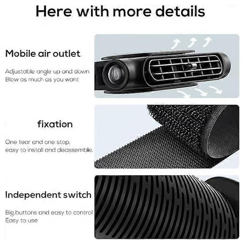 Arenzza USB car headrest cooling fan with three adjustable speed settings mounted on a car headrest for passenger comfort.
