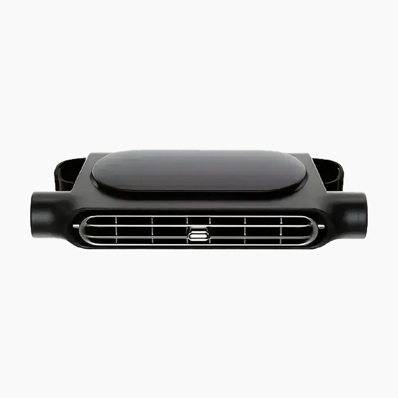 Arenzza USB car headrest cooling fan with three speed settings, mounted on a car headrest, compact and portable car accessory.