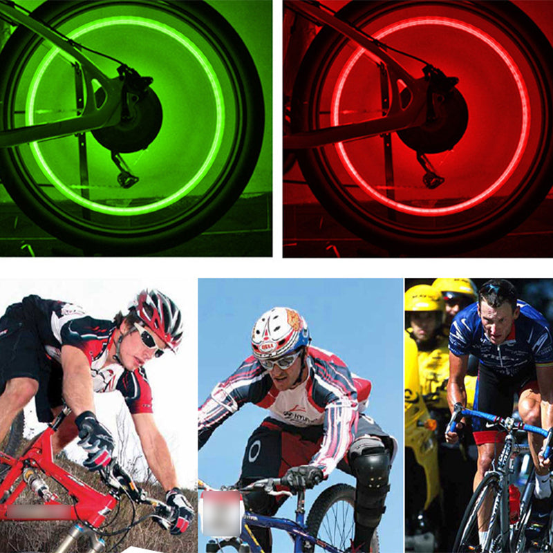 Arenzza motorcycle water-resistant wheel tire lights glowing brightly on a bike's tire during night riding for safety and style.