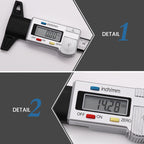 Arenzza digital car tire tread depth gauge meter showing measurement readings on a black handheld device with a digital display.
